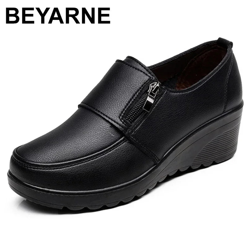 BEYARNE  Spring Autumn Women's Fashion Pumps Shoes Woman Genuine Leather Wedge Single Casual Shoes Mother High Heels shoesE175