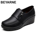 BEYARNE  Spring Autumn Women's Fashion Pumps Shoes Woman Genuine Leather Wedge Single Casual Shoes Mother High Heels shoesE175
