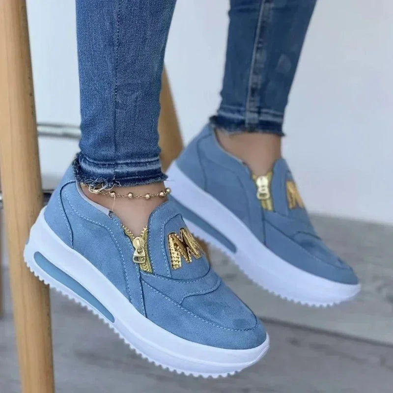 Women's Flat Platform Canvas Slip-On Shoes with Zipper