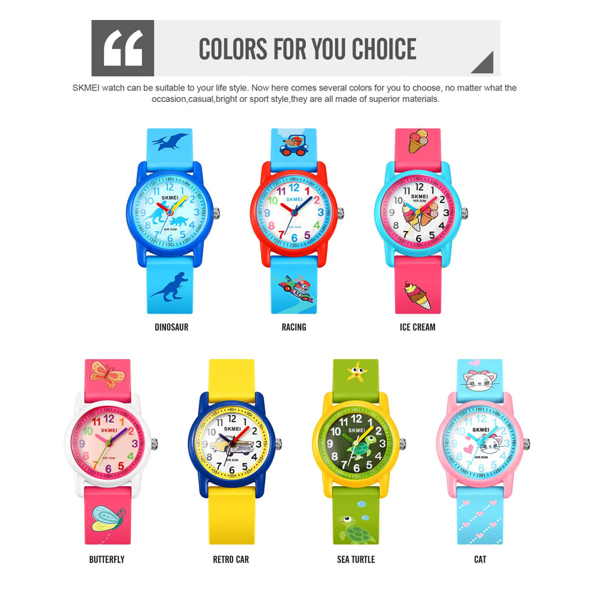 Relojes deportivos SKMEI para niños, resistentes al agua 50m, regalo para niñas y niños, reloj de animales lindo, fácil de leer, correa de TPU de cuarzo para niños