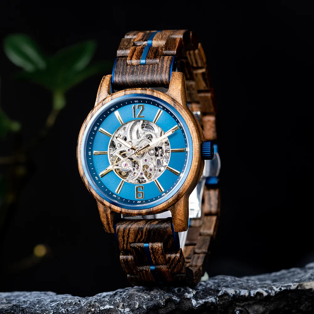 BOBO BIRD Nuevos Relojes Mecánicos para Hombre de Madera Real de Lujo Esqueleto Automático Regalo Personalizado de Navidad para Hombre