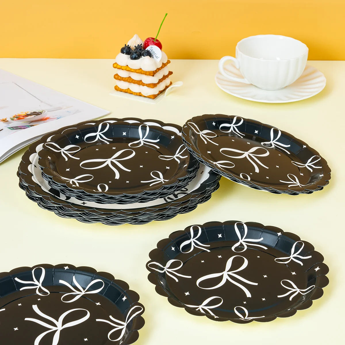 Black White Bow Print Disposable Paper Plates, Happy Birthday Themed Paper Plates for Party and Celebrations