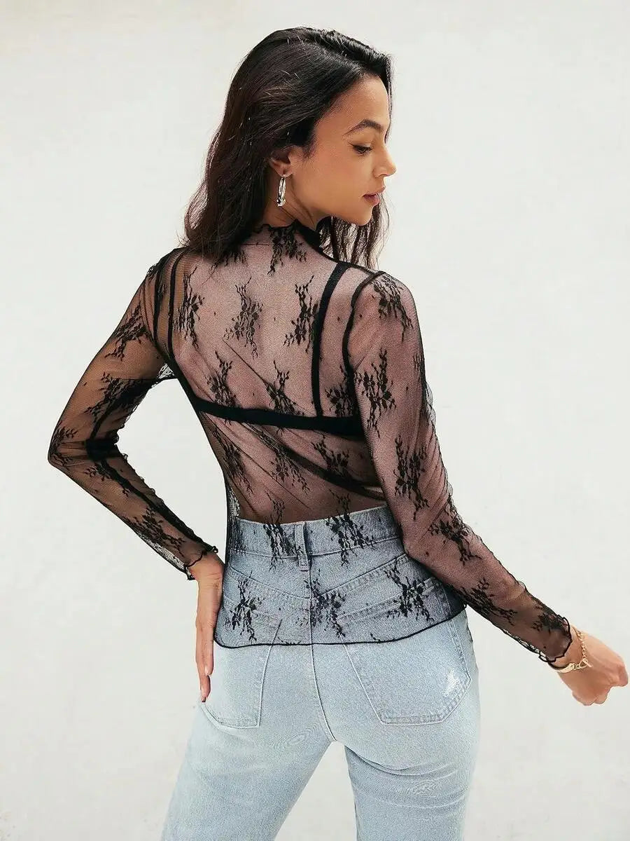 Womens Mesh Sheer Lace Long Sleeve Top Sexy Y2k Mock Neck See Through Shirt Blouses
