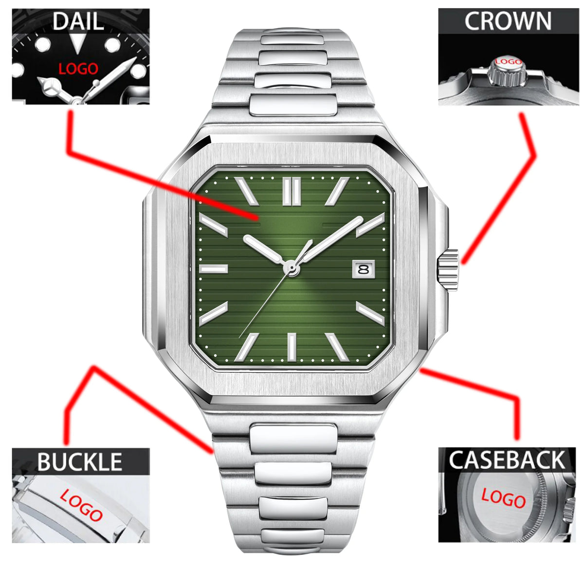 Customized Logo 44.5MM Mechanical Square Steel Case Aseptic Watch Automatic Movement NH35 Fashion Date Gift Men's Watch Corgeut