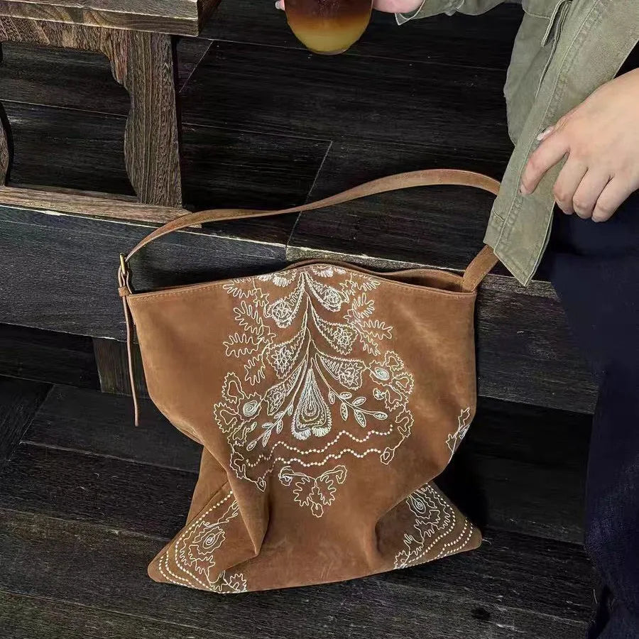 Vintage Bohemian Embroidery Suede Tote Bag for Women Large Capacity