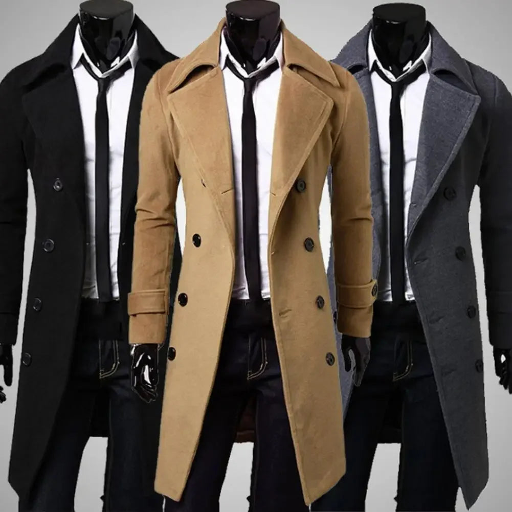 Simple Trench Coat  Double-Breasted Male Men Coat  Coldproof Pure Color Jacket