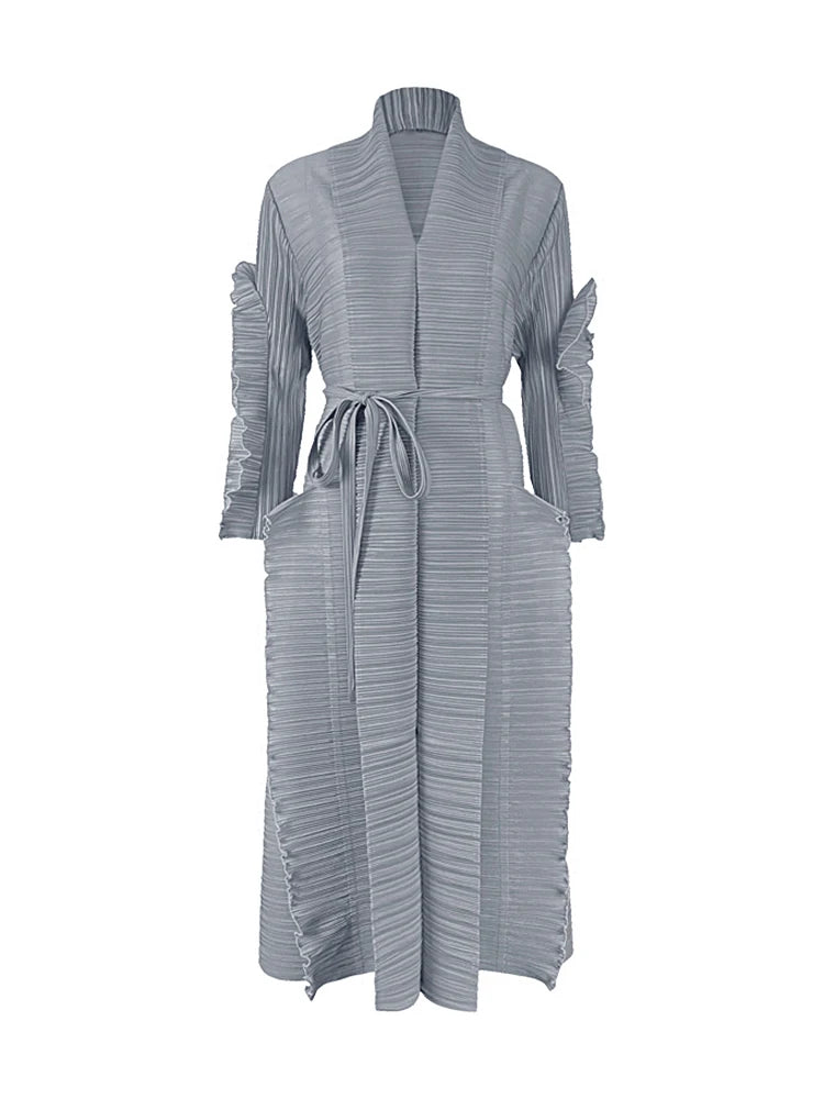 Miyake Pleated Petal Sleeve Dress Lapel Cardigan Sashes High Fashion Loose Long Dresses Fall 2022 Winter Women Designer Clothes