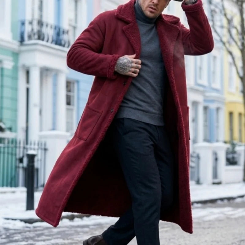 Men's Plus-Size Winter Long Fleece Coat with Turn-Down Collar