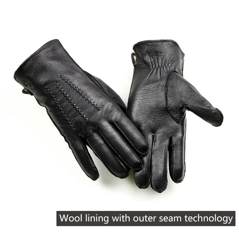 Men's Deer Skin Goat Skin Gloves Fashionable Driver's Autumn and Winter Thick Anti Cold and Warm Motorcycle Riding Gloves