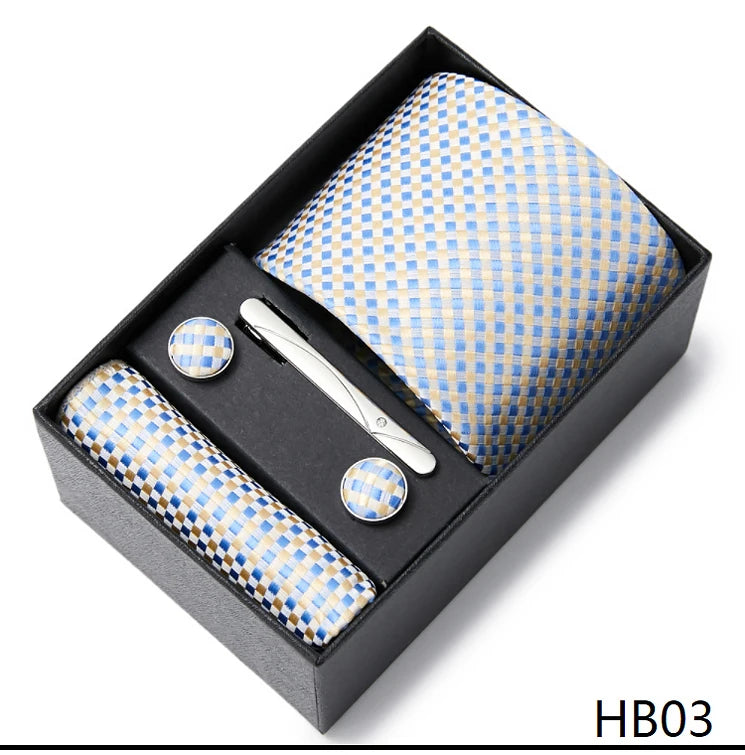 2023 Mode 7,5 cm breite Krawatten-Sets, schwarze Herren-Krawatte, Einstecktuch, Manschettenknöpfe, Krawattenklammer, Box, Hochzeitsgeschenk, handgefertigte Krawatte, Arbeitskleidung