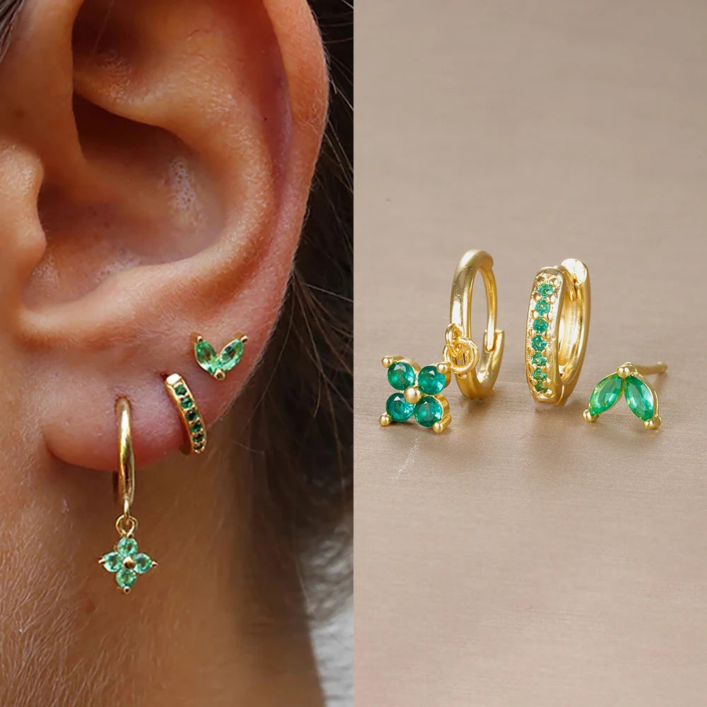 Pendientes de acero inoxidable con forma de flor y circonitas para mujer - Set de 3 piezas