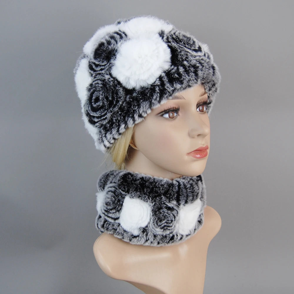 Women Knit Real Rex Rabbit Fur Hat Scarf Sets Natural Warm Rex Rabbit Fur Scarves Hat Winter Lady Real Rex Rabbit Fur Hat Scarf