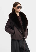 Women's Dark Brown Faux Fur Collar Cropped Biker Parka Jacket