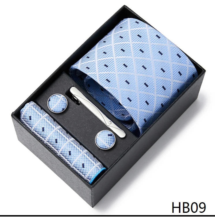 2023 Fashion 7.5 CM Width Tie Sets Black Men's Tie Hankerchiefs Cufflinks Clip Box Wedding Gift Handmade Necktie Work Clothing