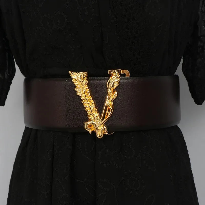 Width 6.5CM Waist Belt Women Metallic Gold Large V-Shaped Cowhide Decoration Versatile Fashion Commuter Dress Jacket Jeans Belt