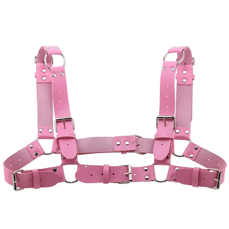 Arnés de pecho punk sexy para mujer y hombre, cadena corporal de metal enjaulado ajustable, gargantilla de cuero sintético, collar llamativo para fiesta y clubwear