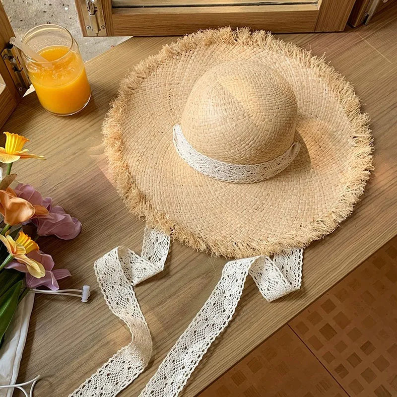 New Natural Raffia Hat Women Summer Hand Woven Straw Hat Gilrs Holiday Sun Hats Wide Brim Sun Hat Floppy Panama Travel Beach Hat