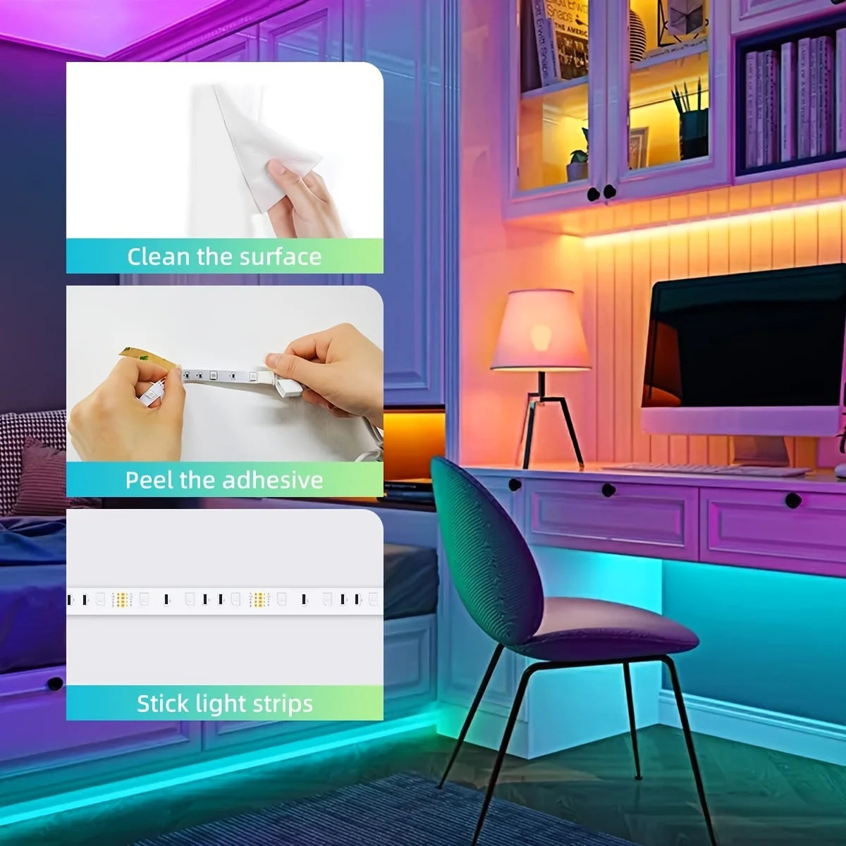 RGB LED Strip Lights TV Background 3 Keys Button Control Flexible Adhesive Tape Suitable for Game Room Halloween Christmas Decor