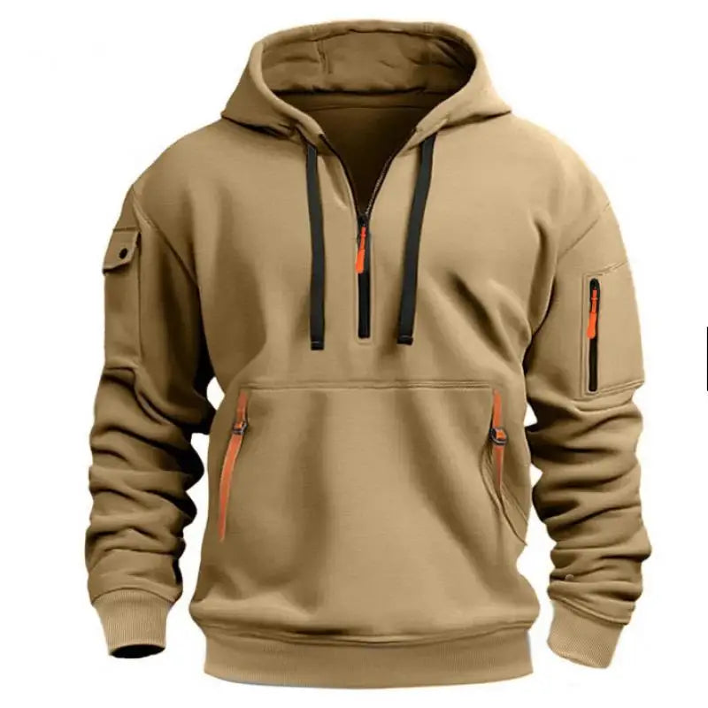 Autumn Winter Men's Hooded Hoodies Solid Long Sleeve Multi-Pocket Zipper Pullover Sports Sweatshirt Harajuku Casual Streetwear