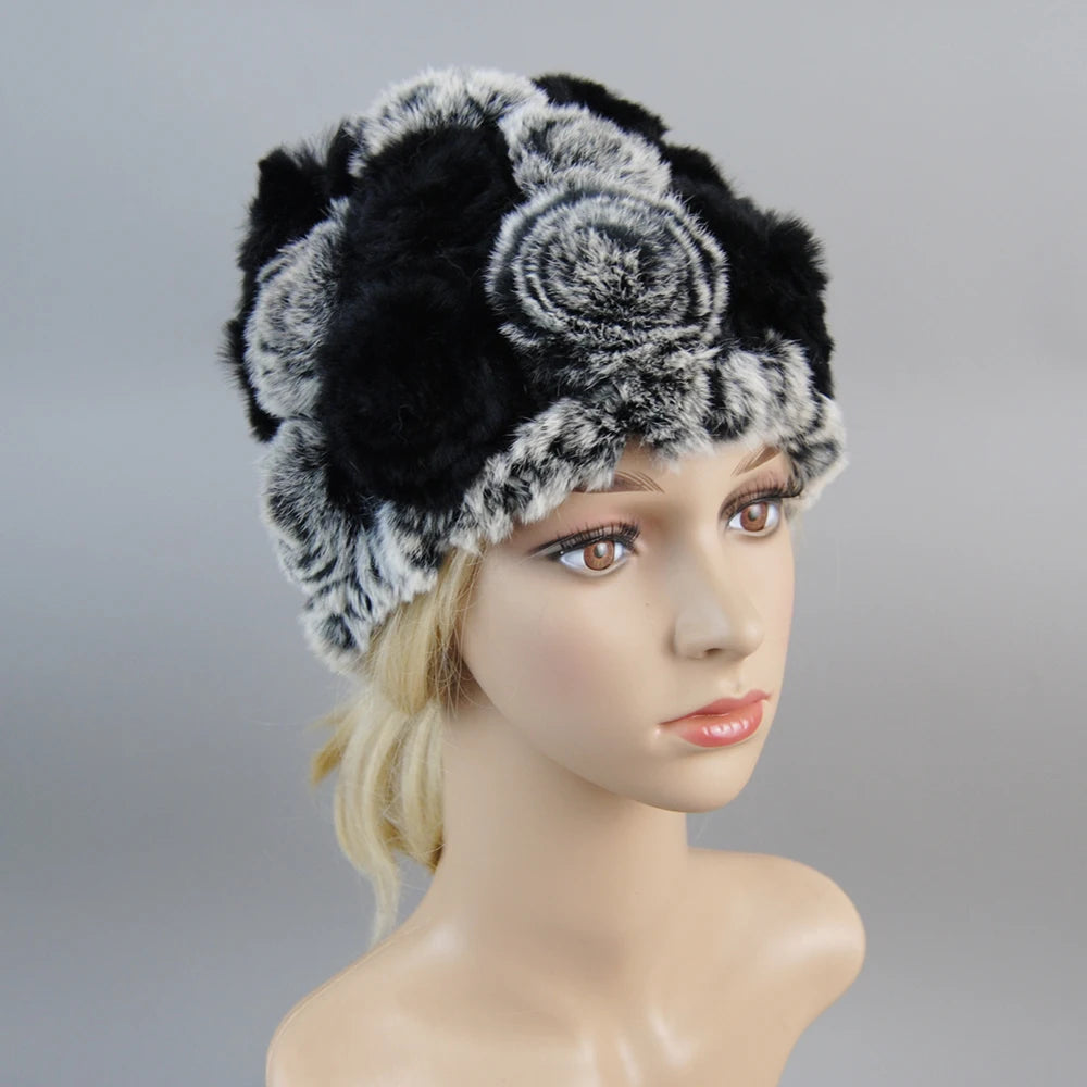 Women Knit Real Rex Rabbit Fur Hat Scarf Sets Natural Warm Rex Rabbit Fur Scarves Hat Winter Lady Real Rex Rabbit Fur Hat Scarf