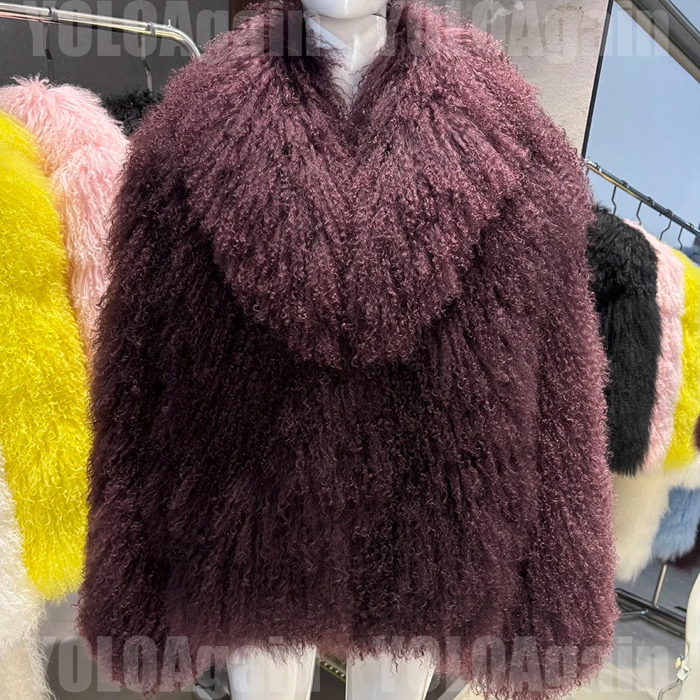 YOLOAgain Women's Real Mongolia Sheep Fur Jacket Dark Brown Sheep Fur Jacket