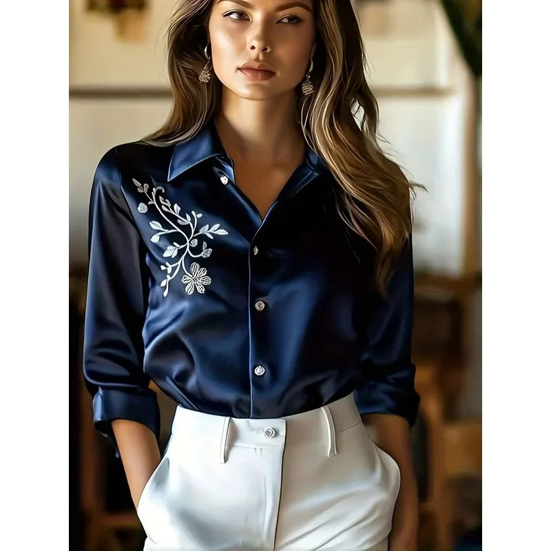 Popular3dPrinted women's satin collared long-sleeve shirt with leopard print, fashionable European and American women's clothing