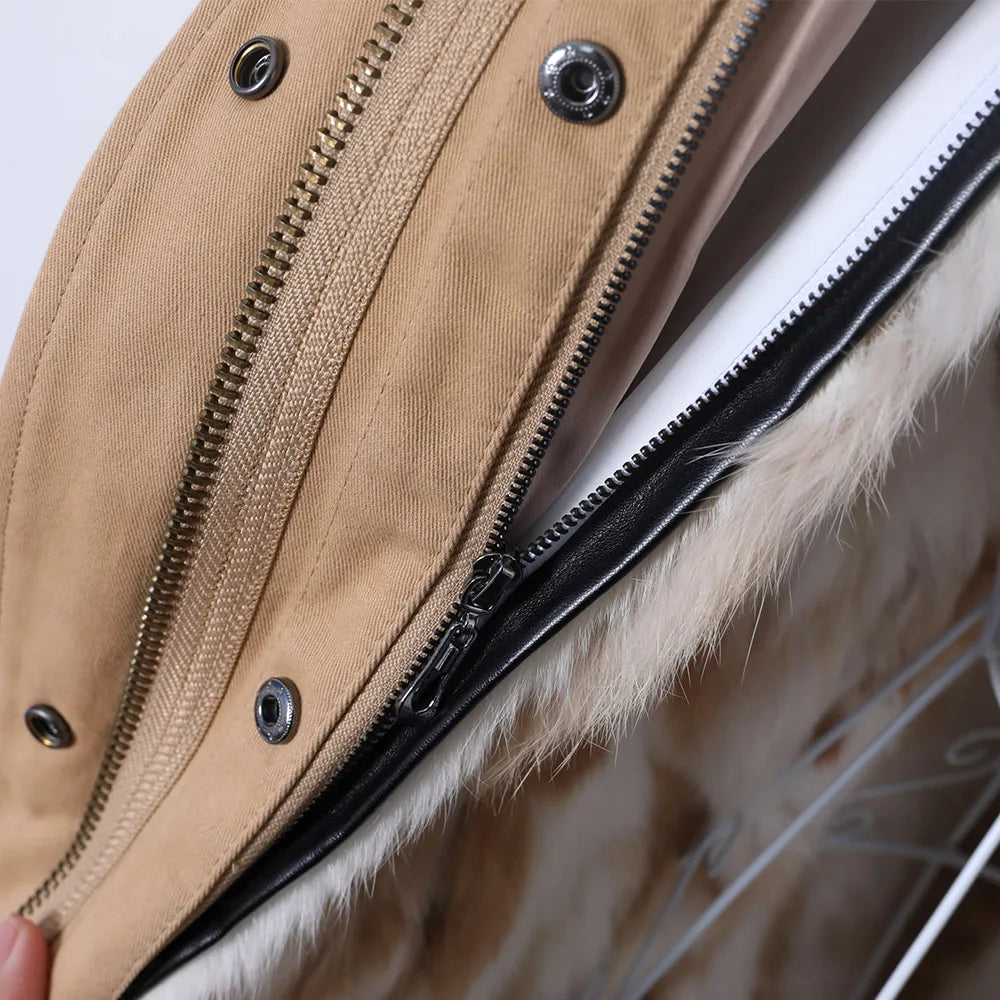 MAOMAOKONG 2026 Removable Real Fox Fur Collar Coats Woman Winter Jacket Hooded Rabbit Fur Lining Long Parkas Female Clothes