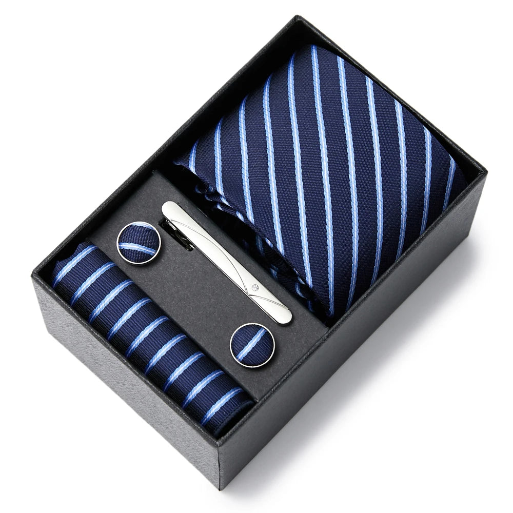 2023 Fashion 7.5 CM Width Tie Sets Black Men's Tie Hankerchiefs Cufflinks Clip Box Wedding Gift Handmade Necktie Work Clothing