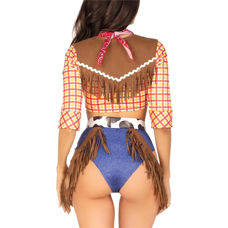 Women Sexy Cowgirl Costume Plaid Fringe Crop Top High Cut Shorts With Bandana Belt Cosplay Outfit Halloween Carnival Party Set