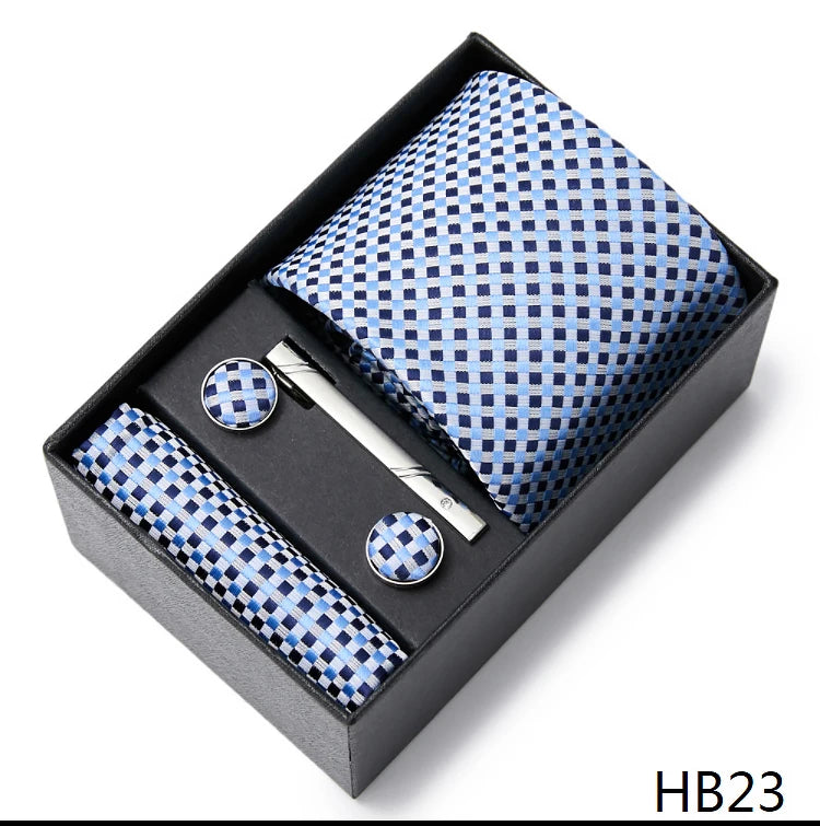 2023 Mode 7,5 cm breite Krawatten-Sets, schwarze Herren-Krawatte, Einstecktuch, Manschettenknöpfe, Krawattenklammer, Box, Hochzeitsgeschenk, handgefertigte Krawatte, Arbeitskleidung