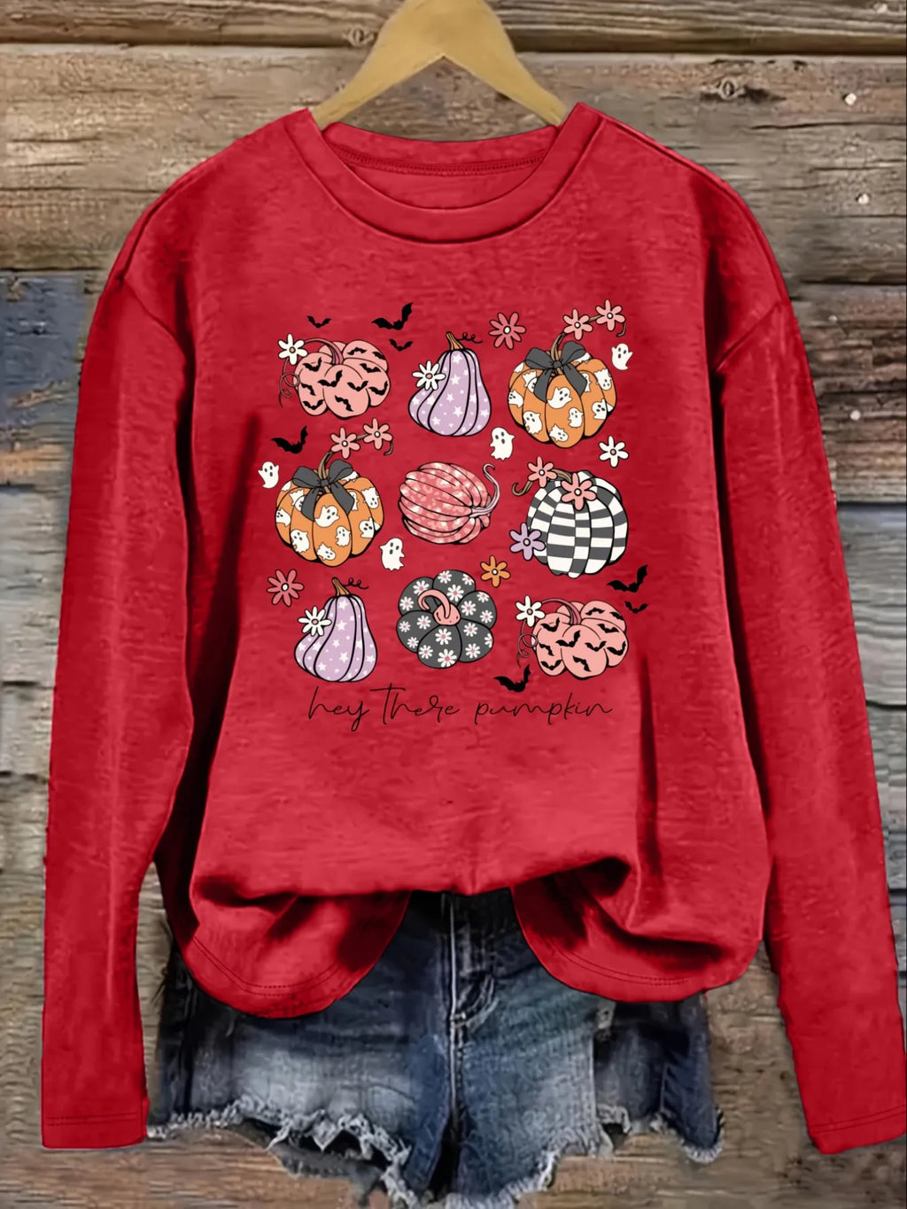 Women's Casual Long Sleeve Crew Neck T-Shirt Hey There Pumpkin Print Design Design, Round Neck Women's Clothing, Machine Washable, Slightly Elastic, Loose Fit, Spring Autumn Winter Women's T-Shirt, Halloween Costume Outfit
