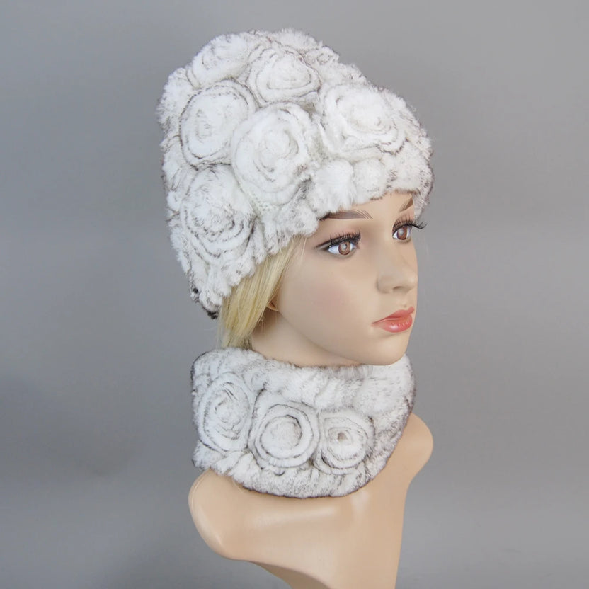 Damen Strick-Set aus echtem Rexkaninchenfell, Mütze und Schal, natürlicher warmer Rexkaninchenfell-Schal, Wintermütze für Damen, Set aus echtem Rexkaninchenfell