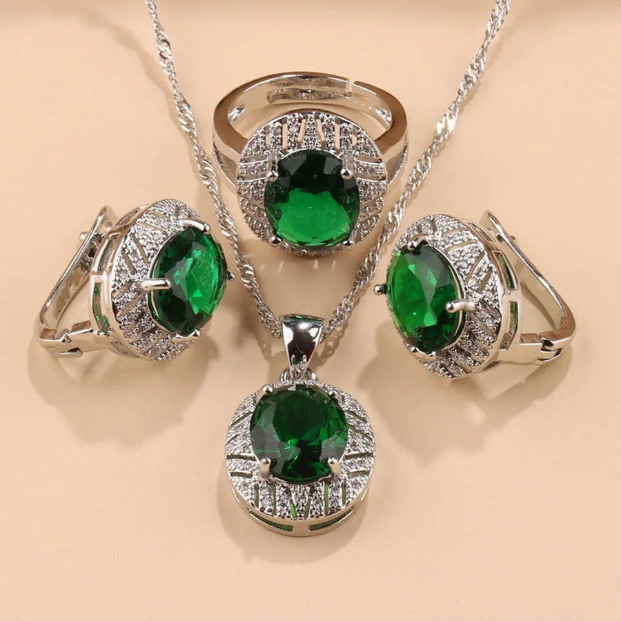 Wedding Sapphire Jewelry Set for Women Halo Pendant Necklace Earrings Ring 925 Sterling Silver Blue Gemstone Bridal Party Gift