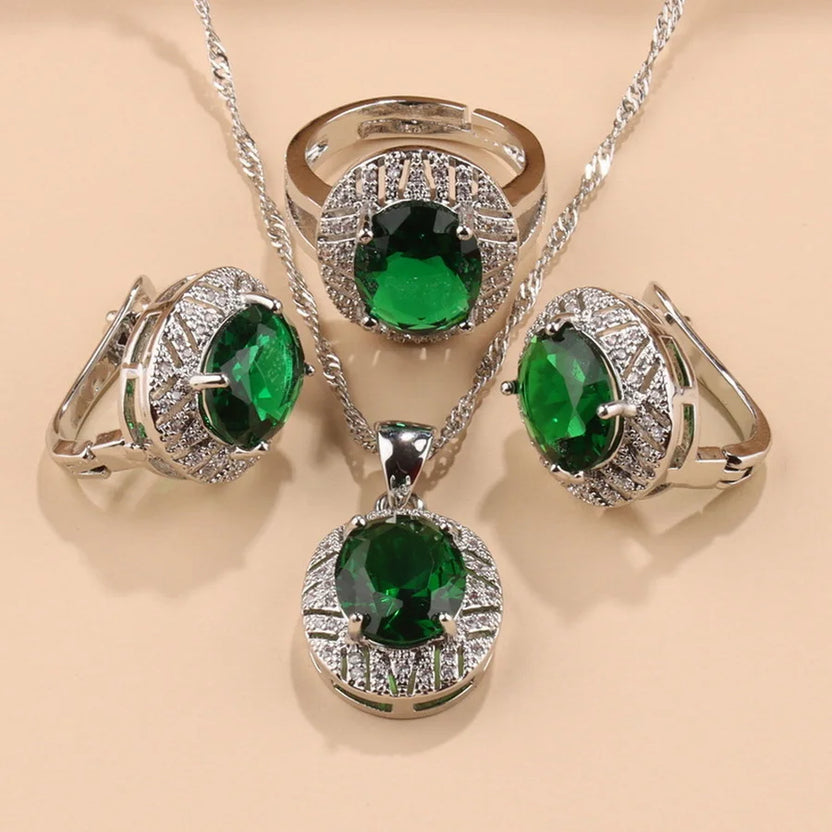 Smyckesset med safir för kvinnor, halsband med halo-hänge, örhängen och ring i 925 sterling silver, present med blå ädelsten för bröllopsfest