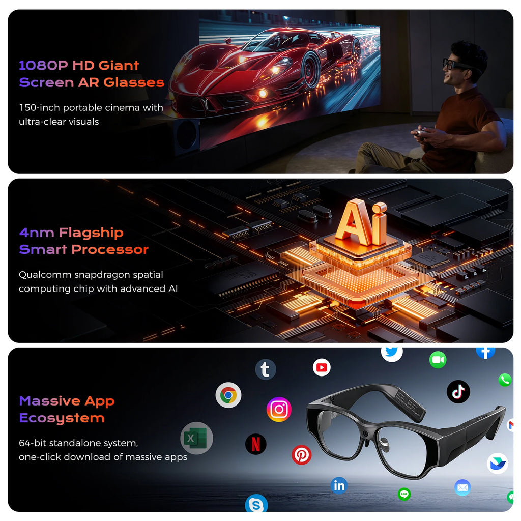 Domars AIR3 AR Smart Glasses 16MP Camera AI Real-Time Text Translation 1080P Virtual Screen Augmented Reality With Ring