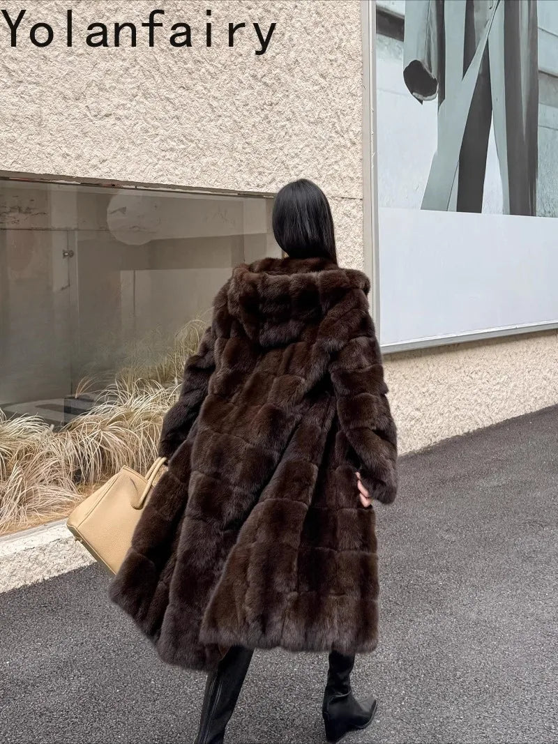 YOLANFAIRY High-End 100% Natural Sable Fur Coat Woman Luxury Winter With Hood Whole Sable Real Fur Jacket Women Long Fur Coats