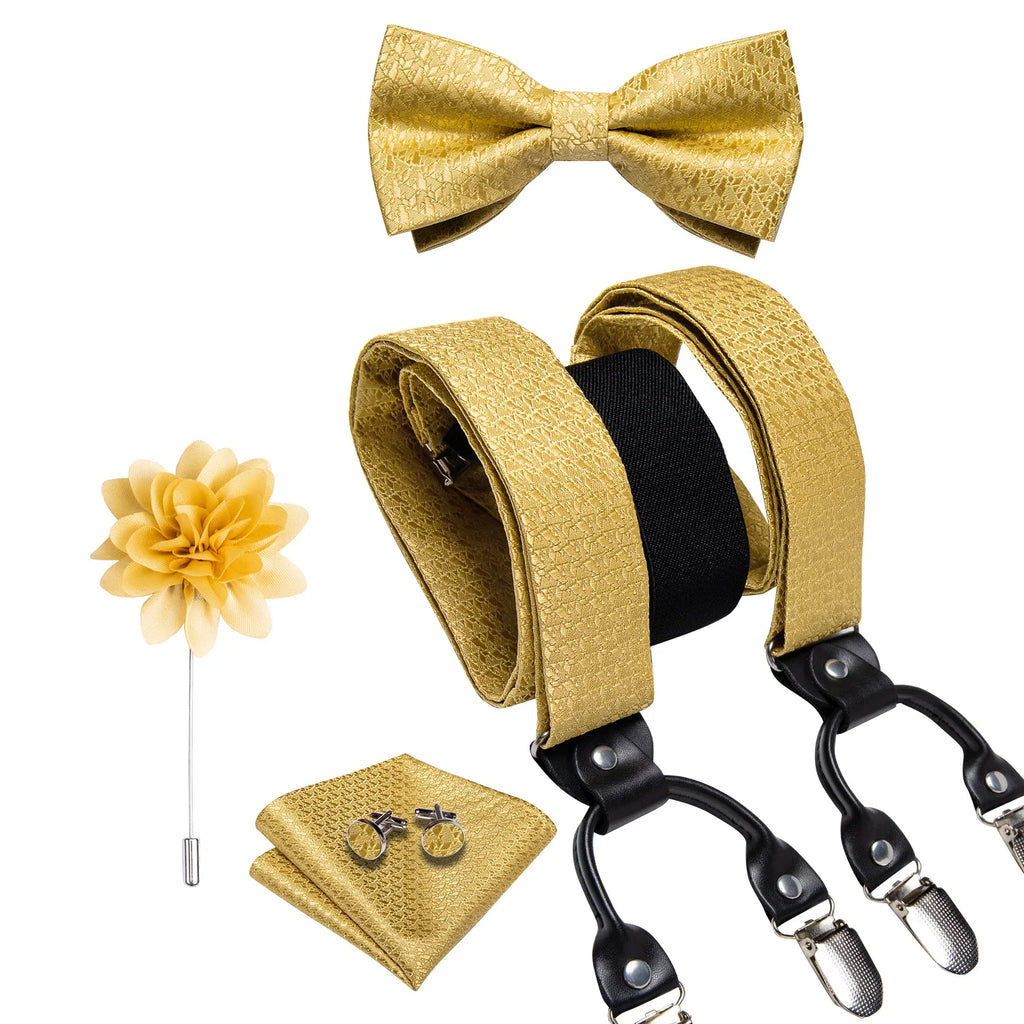 Luxury White Men's Suspenders Adjustable 6 Clips Braces DiBanGu Leather Metal Pre-Tied Bow Tie Brooch Pocket Square Set