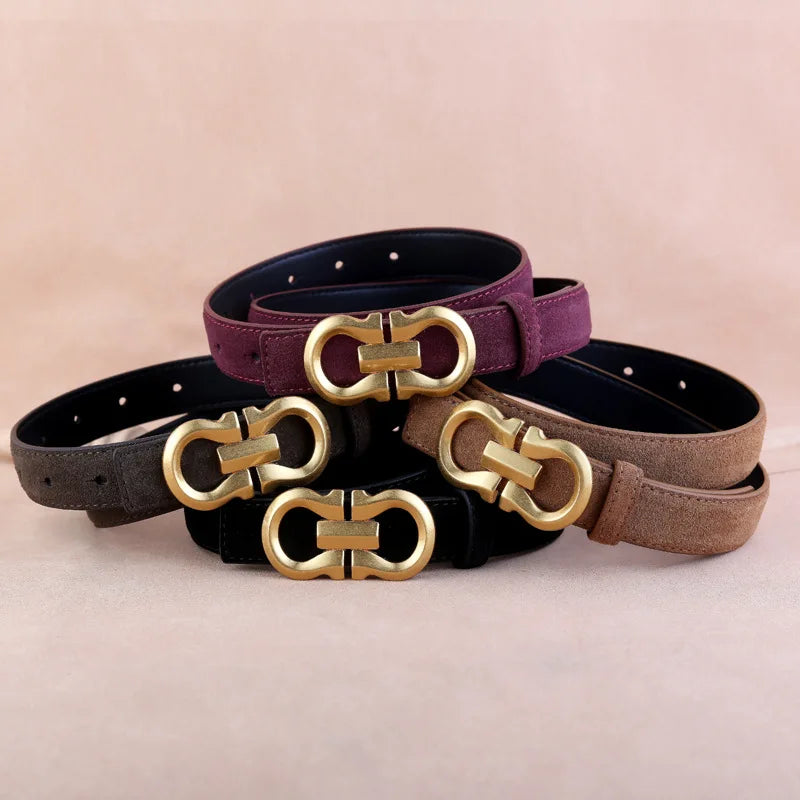 Fashion Women Belt Suede Genuine Leather Skinny Waistband Gold Buckle Wine Red Belts for Jeans Pants Casual