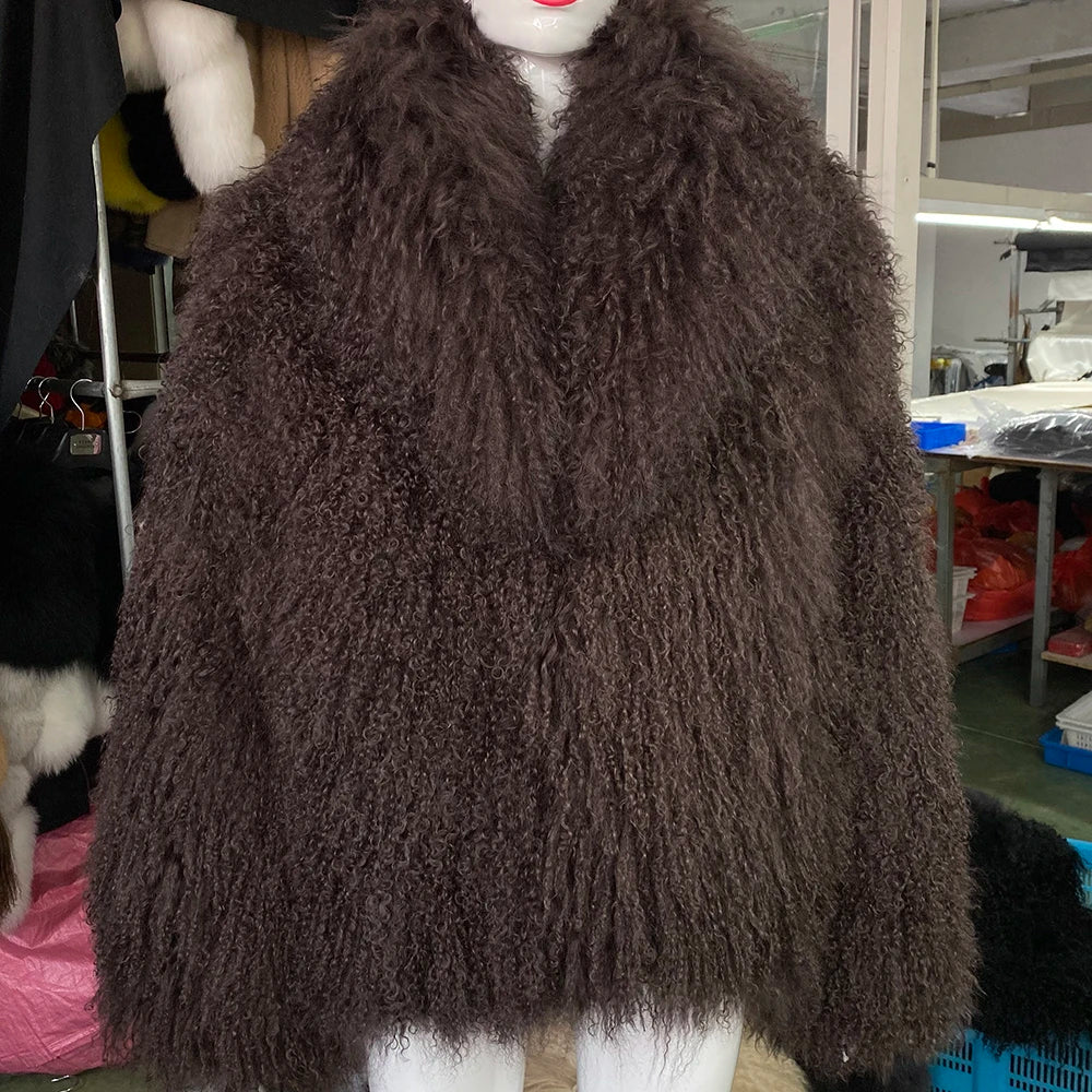 YOLOAgain Women's Real Mongolia Sheep Fur Jacket Dark Brown Sheep Fur Jacket