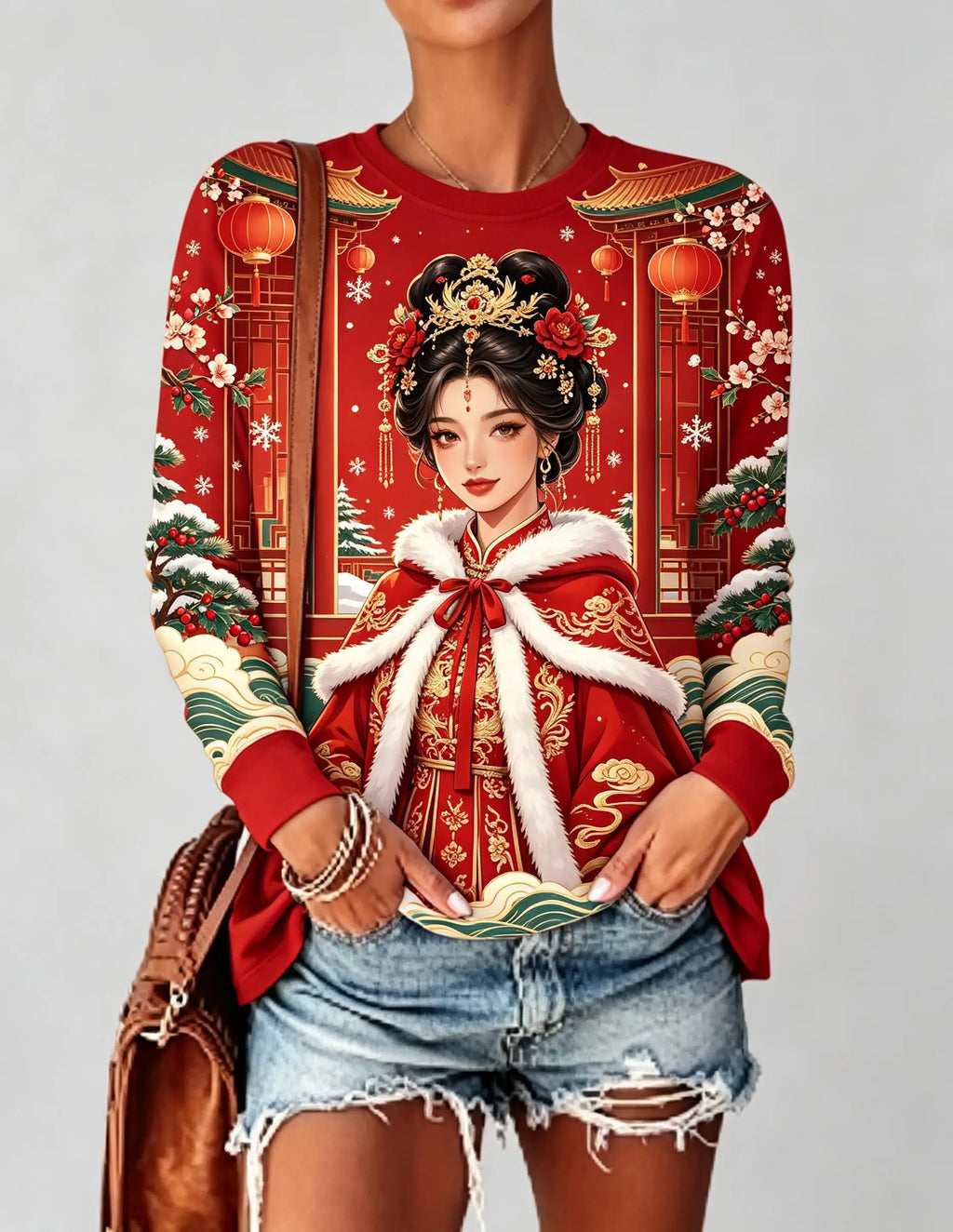 Women Christmas Long Sleeve T‑Shirt Chinese Style Beauty Lantern Plum Blossom Winter Print Crew Neck Tops
