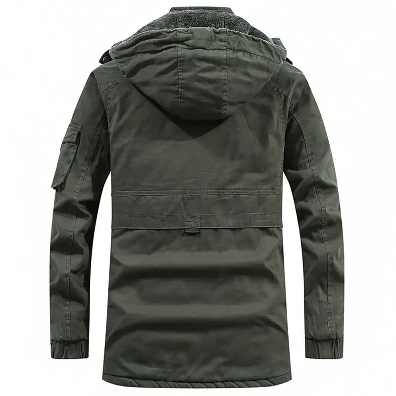 Męska kurtka parka w stylu militarnym, wiatroszczelna z kapturem, z bawełny typu washed, ocieplana grubym polarem, ciepła kurtka zimowa typu varsity w stylu casual, nowość