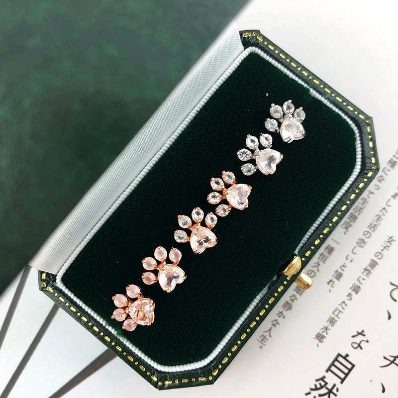 Pendientes LAMOON de pata de gato en plata de ley 925 para mujer, pendientes de botón con cuarzo rosa, pendientes de botón con piedras preciosas, joyería fina EI040-2