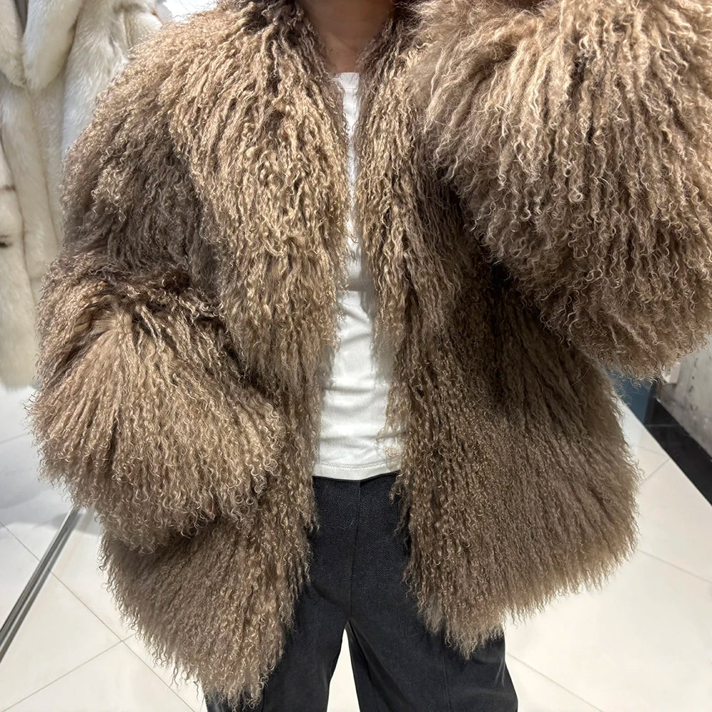 YOLOAgain Women's Real Mongolia Sheep Fur Jacket Dark Brown Sheep Fur Jacket