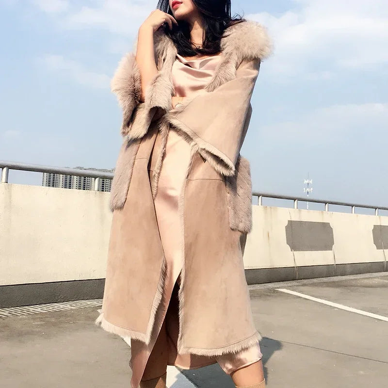 Elegancki damski płaszcz z prawdziwej owczej skóry w stylu vintage, kurtka z kieszeniami z futra norek, odzież damska, płaszcze zimowe, Roupas Femeninas Zjt912