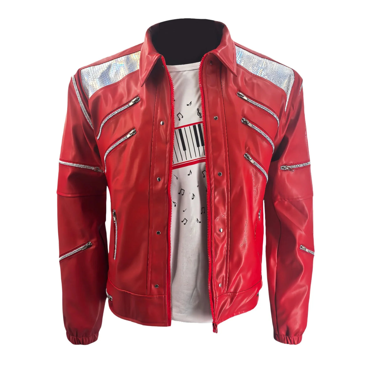 Chaqueta de piel sintética roja para hombre con cremallera y cuello alto
