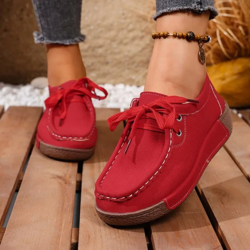 Women's Large Size Wedge Heel Casual Lace-Up Sneakers with Rubber Sole