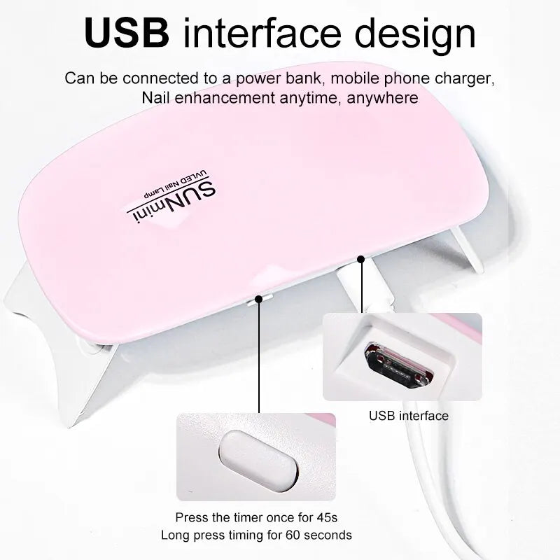 6W Mini Nail Dryer Machine Portable 6 LED UV Manicure Lamp Home Use Nail Lamp for Drying Polish Varnish With USB Cable