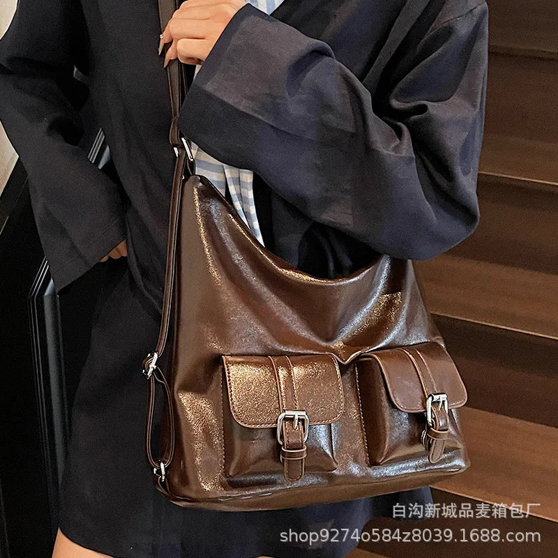 Vintage PU Leather Hobo Shoulder Bag for Women with Adjustable Strap