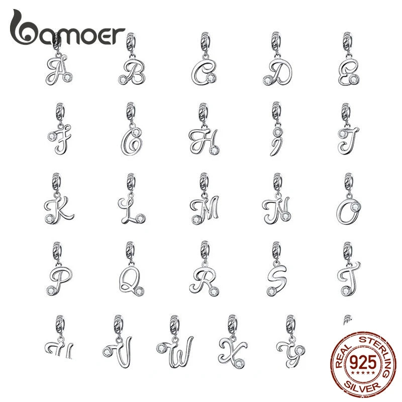BAMOER 26 Letters Alphabet Pendant 925 Sterling Silver Handwritten Language Pendants Charm for Bracelets and Necklace SCC1183