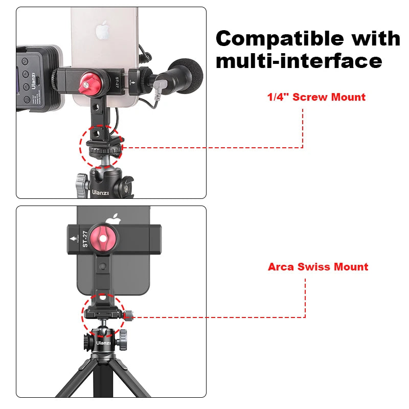 Ulanzi ST-27 Aluminum Phone Holder Clamp with Cold Shoe and Arca Tripod Mount